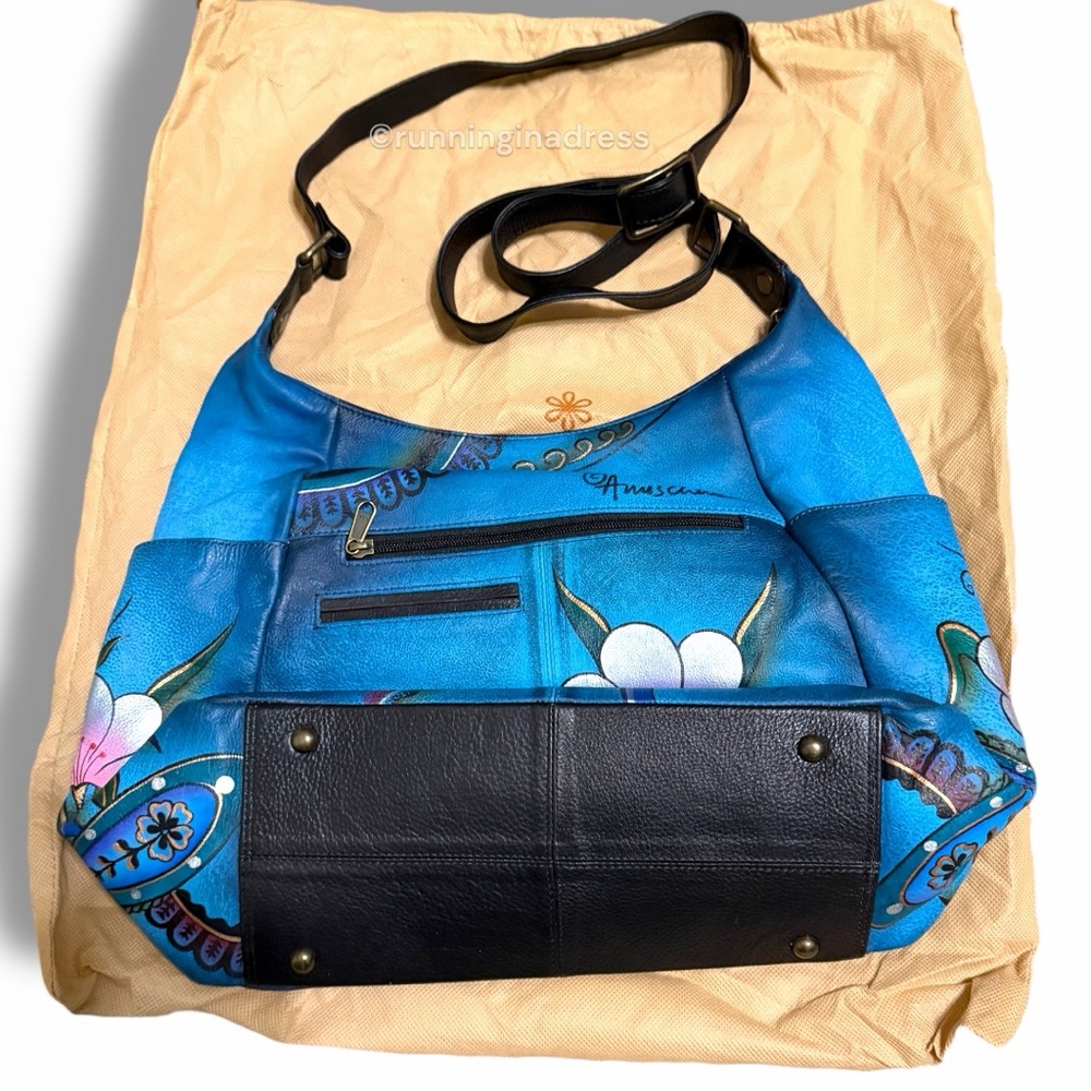 NEW Anuschka Hand Painted Large Multi Pocket Hobo Handbag Denim Paisley Floral - Picture 8 of 16